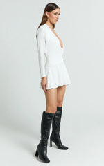 Cannes Mini Dress - Jersey Wrap Hardware Detail Flounce Skirt Dress in Off White