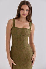 Olive Lace Scallop Trim Maxi Dress