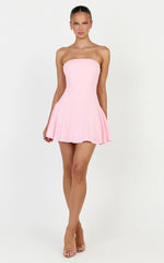 Poppy Mini Dress - Contrast Skirt Strapless Dress in Pink