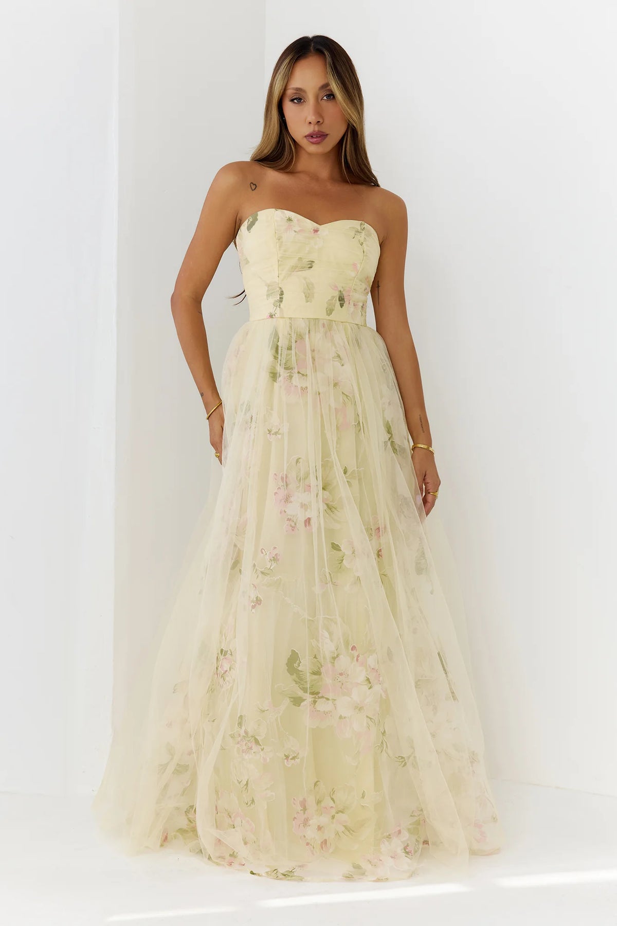 Dream Chaser Floral Tulle Maxi Dress Yellow