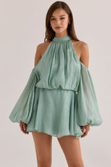 Jade Silk Organza Open Back Mini Dress