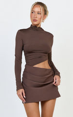 Tallulah Mini Dress - High Neck Side Ruched Cut Out Dress in Chocolate