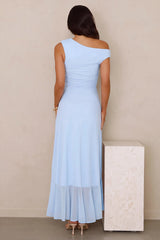 Effortless Story Off Shoulder Mesh Midi Dress Blue