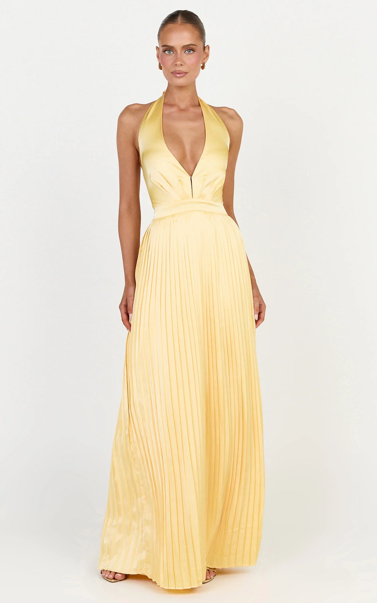 Kayla Maxi Dress - Plunge Neckline Pleated Halter Dress in Butter Yellow