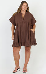 Calissa Mini Dress - Frill Hem Smock Dress in Chocolate