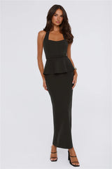 Own The Room Peplum Halter Maxi Dress Black