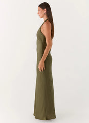 Heavy Hearted Satin Maxi Dress - Khaki