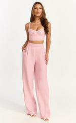 Sylvia Two Piece Set - Corset Top and High Waisted Wide Leg Pants Set in Pink