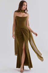 Olive Crepe Strapless Maxi Dress With Detachable Cape