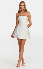 Rosalie Mini Dress - Strapless Jacquard Floral Mini Dress in White