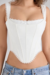 White Stretch Cotton Scallop Trim Corset Top