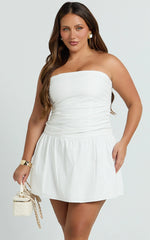 Donatella Mini Dress - Strapless Drop Waist Dress in White