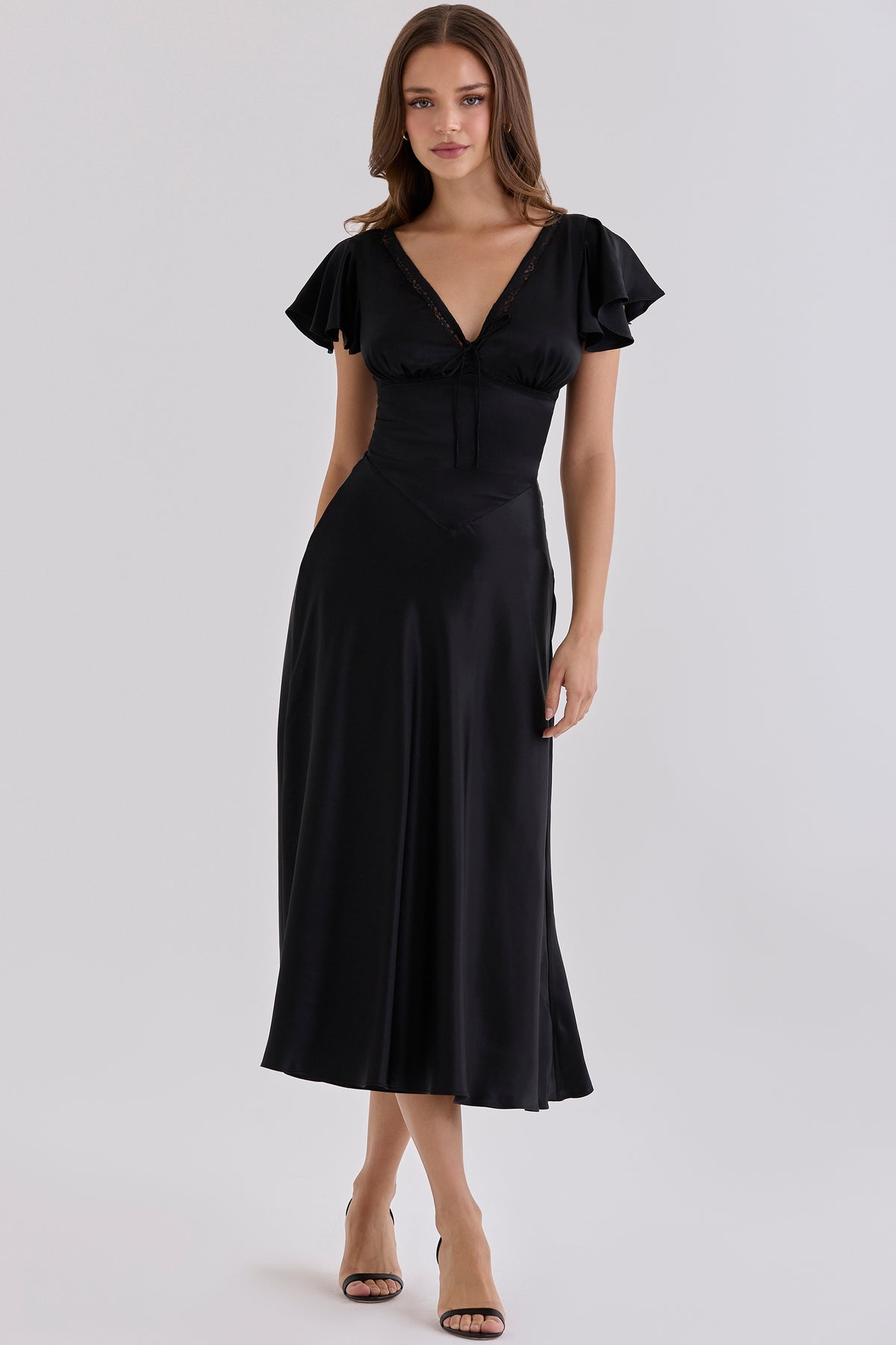 Black Real Silk V-neck Midi Tea Dress