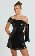Ace Mini Dress - Sequin Off Shoulder Tie Detail Dress in Black