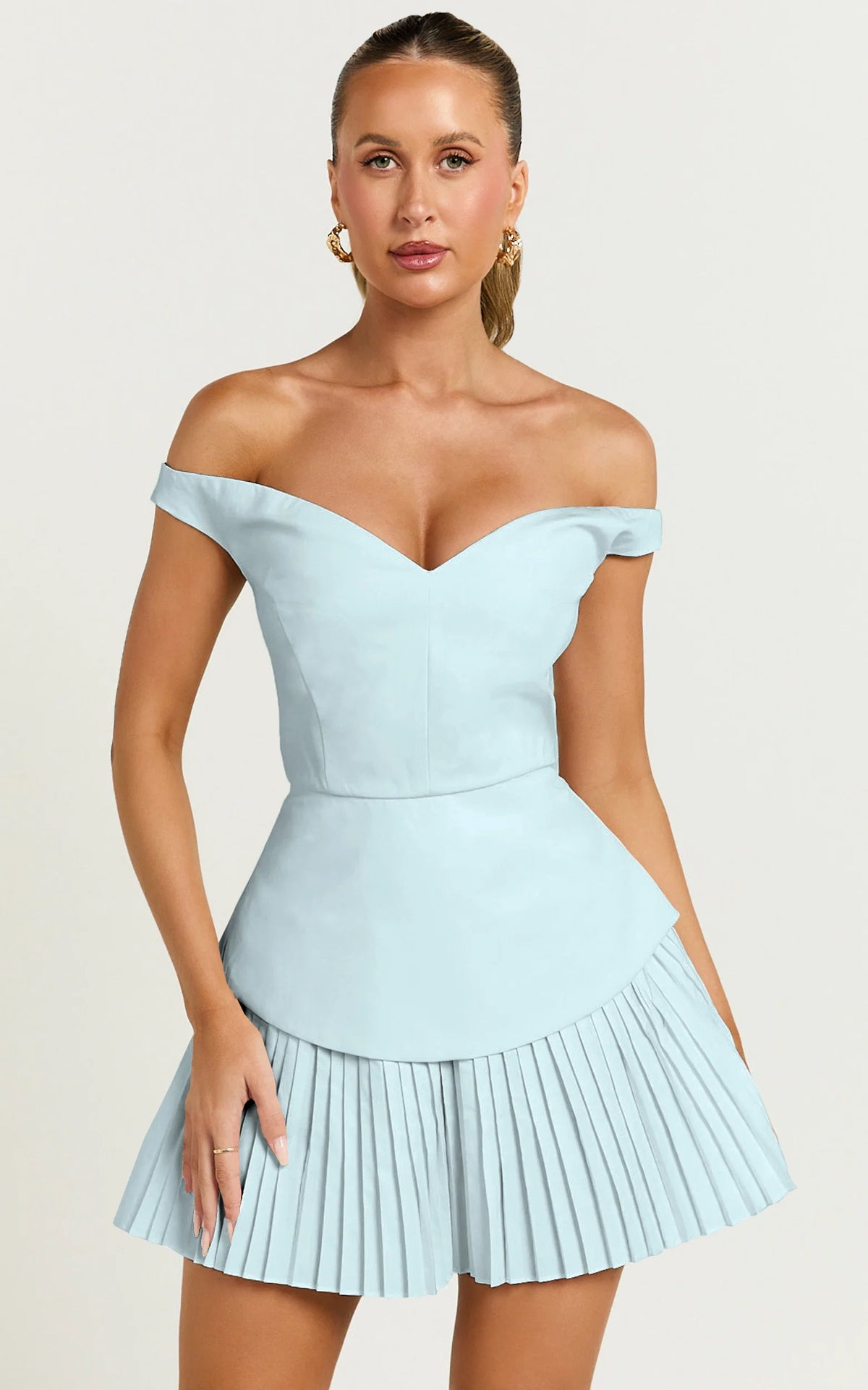 Izara Mini Dress - Off Shoulder Pleated Dress in Blue