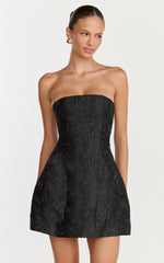 Rosalie Mini Dress - Strapless Jacquard Floral Mini Dress in Black