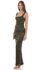 Satin Bodycon Maxi Dress in Olive Green