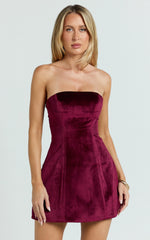 Cartia Mini Dress - Velvet Strapless Fit And Flare Dress in Wine