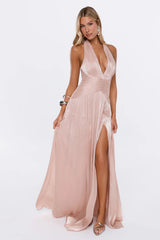 First Class Night Halter Maxi Dress Champagne