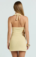 Solea Mini Dress - Knit Halter Neck Embroidered Sequin A Line Dress in Lemon