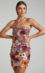 Wren Mini Dress - Strapless Bodycon Garden Flowers Dress in Burgundy