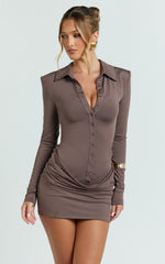 Heath Mini Dress - Concealed Placket Drape Gather Skirt Overlay Dress in Brown