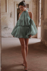 Jade Silk Organza Open Back Mini Dress