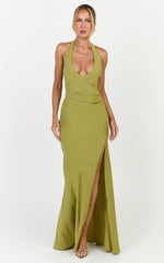 Dune Maxi Dress - Backless Plunge Neckline Draped Bodice Halter Dress in Olive
