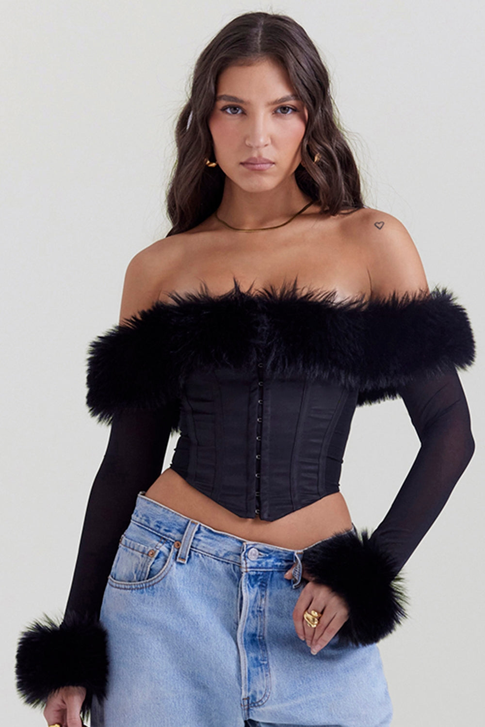 Black Faux Fur Trim Corset