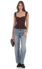 Lace Ruffle Strap Top in Brown