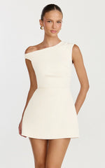 Claire Mini Dress - Tipped Shoulder Tulip Skirt Dress in White