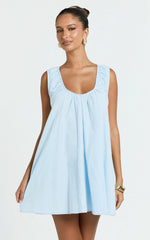 Lucinda Mini Dress - Deep U Gathered Neck Smock Dress in Pale Blue