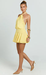 Violetta Mini Dress - Halter Neck Dropped Waist Fit and Flare Dress in Lemon
