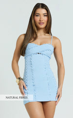 Gigi Mini Linen Blend Dress - Sweetheart Tie Back Scallop Detail Dress in Blue
