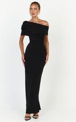 Ottilie Maxi Dress - Pin Tucked One Shoulder Fitted Dress in Black