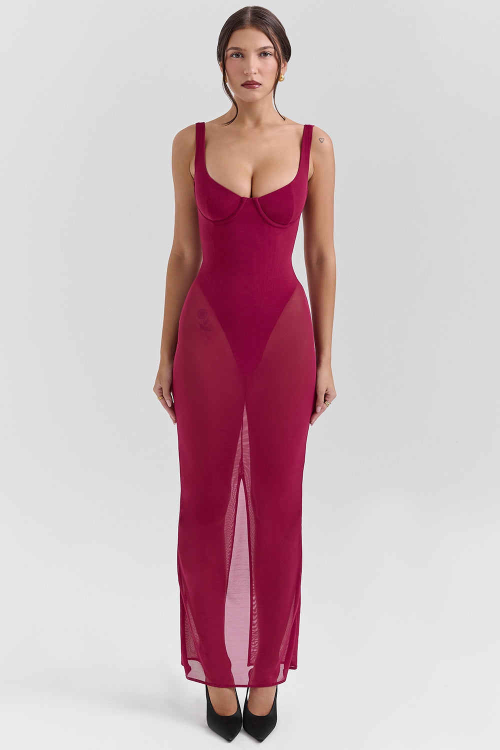 Wine Stretch Mesh Maxi Dress