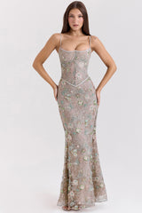 Silver Embellished Beaded Corset Maxi Dress