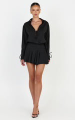 Melanie Mini Dress - Tie Front Long Sleeve Shirt Dress in Black