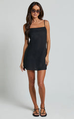 Mavie Mini Linen Dress - Linen Strappy Shift Dress in Black