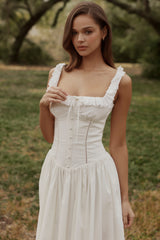 White Cotton Broderie Anglaise Trim Midi Dress