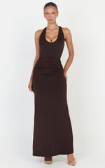 Sophie Maxi Dress - Plunge Neckline Ruched Waist Racer Back Dress in Chocolate