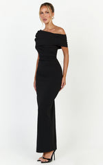 Ottilie Maxi Dress - Pin Tucked One Shoulder Fitted Dress in Black