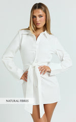 Duncan Mini Dress - Long Sleeve Tie Waist Shirt Dress in White
