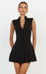 Jacinta Mini Dress - Sleeveless Button Front Tulip Dress in Black