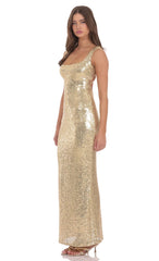 Sequin Square Neck Fitted Maxi Dress in Gold