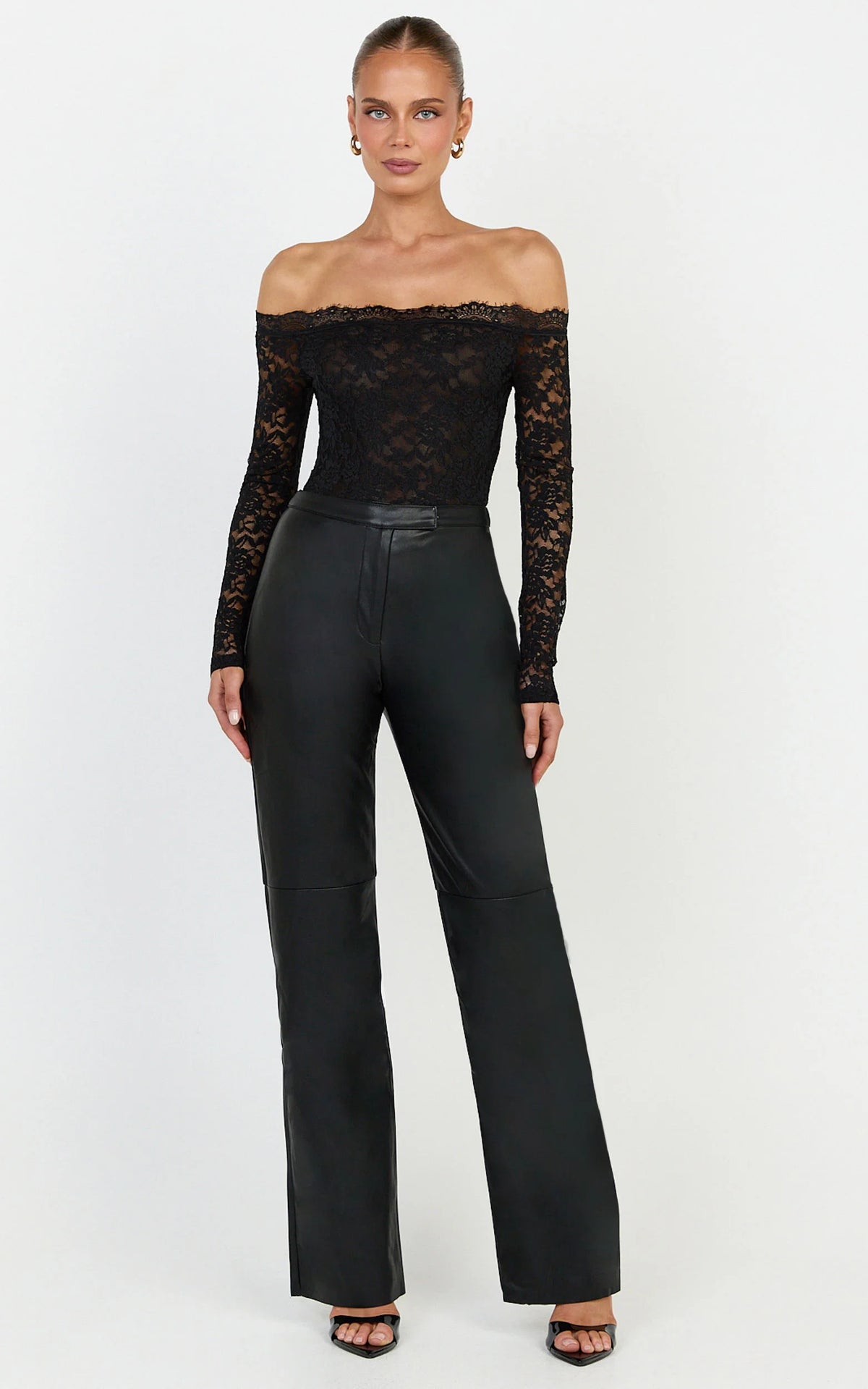 Isabelle Bodysuit - Off Shoulder Long Sleeve Lace Bodysuit in Black