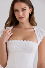 White Cotton Broderie Anglaise Trim Cap Sleeve Corset Top