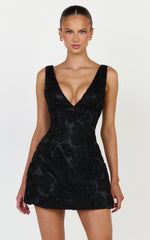 Lima Mini Dress - Plunge Neck Floral Embellished A Line Dress in Black