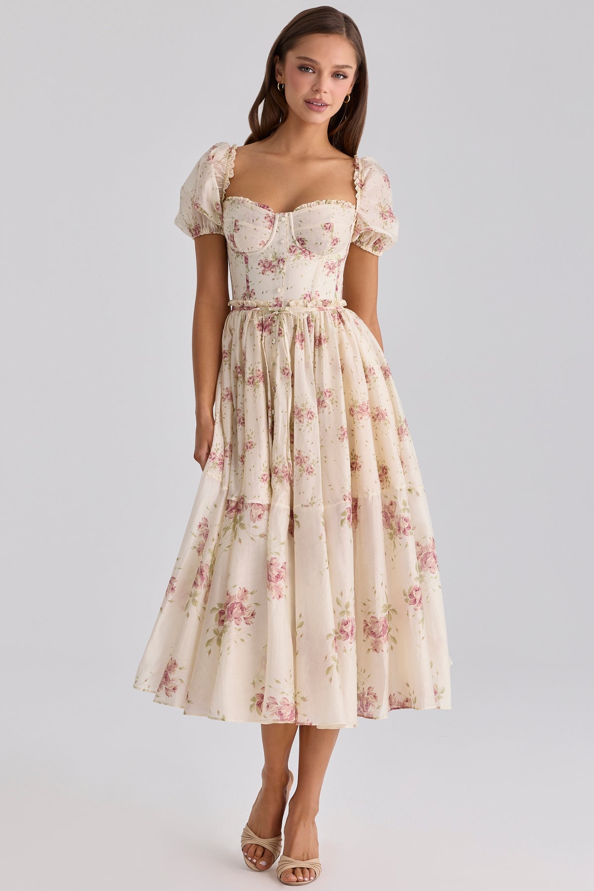 Ivory Vintage Rose Print Chiffon Midi Dress