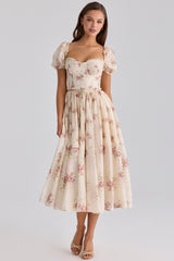 Ivory Vintage Rose Print Chiffon Midi Dress